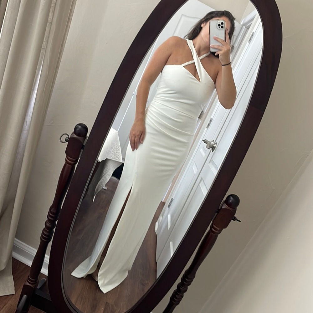Parker White Gown with Beaded Detail and Slit - NWT